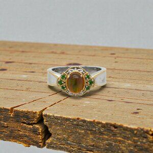 Opal and Chrome Diopside Halo Ring in 925 Sterling Silver